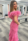 Fur Off the Shoulder Red Lace Mermaid Long Formal HZ0307