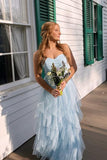 Sweetheart Light Blue Tulle Ruffle Long Prom HZ0307
