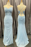Straps Light Blue Pleated Mermaid Long Prom HZ0307