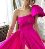 LTP1169,Fuchsia One Shoulder Hot Pink A-Line Satin Long Evening Prom HZ0307