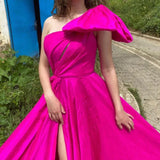 LTP1169,Fuchsia One Shoulder Hot Pink A-Line Satin Long Evening Prom HZ0307