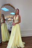 Yellow Halter Lace Applique Illusion Prom HZ0307