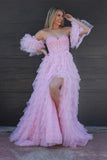Sweetheart Pink Tulle Ruffles Off The Shoulder Long Prom HZ0307