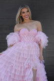 Sweetheart Pink Tulle Ruffles Off The Shoulder Long Prom HZ0307