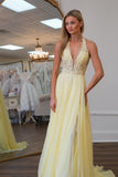 Yellow Halter Lace Applique Illusion Prom HZ0307