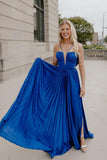 Straps Royal Blue Pleated Long Formal Dress with Bow HZ0307
