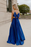 Straps Royal Blue Pleated Long Formal Dress with Bow HZ0307