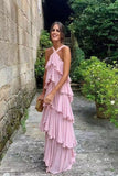 LTP1663,Halter Pink Chiffon Long Prom Evening Dresses Layers Chiffon Custom Made Party HZ0307