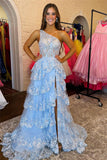 One Shoulder Light Blue Appliques Ruffle Formal HZ0307
