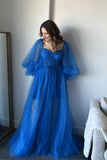 Puff Sleeves Royal Blue Tulle Long Formal HZ0307