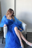 Puff Sleeves Royal Blue Tulle Long Formal HZ0307