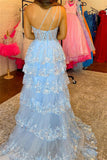 One Shoulder Light Blue Appliques Ruffle Formal HZ0307
