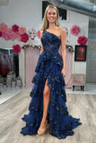 One Shoulder Light Blue Appliques Ruffle Formal HZ0307