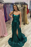 Ruched Strapless Green Metallic A-line Long Formal HZ0307