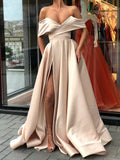 LTP0975,Champagne off the shoulder a line satin prom evening dresses online custom made formal gown with side HZ0307