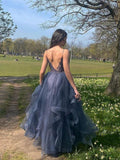 LTP1050,Gray blue v neck tulle lace long prom dress blue formal HZ0307