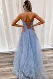Blue Straps Lace Appliques A-line Long Formal HZ0307