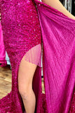 Off the Shoulder Fuchsia Sequin Mermaid Dress with HZ0307