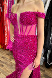 Off the Shoulder Fuchsia Sequin Mermaid Dress with HZ0307