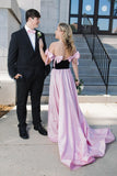 Off the Shoulder Black Long Formal Dress with Pink HZ0307