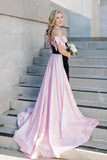 Off the Shoulder Black Long Formal Dress with Pink HZ0307
