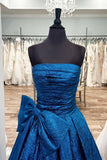 Strapless Royal Blue Ruched A-line Long Formal HZ0307