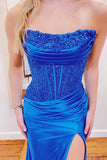 Strapless Royal Blue Appliques Satin Mermaid Long Formal HZ0307