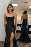 Strapless Royal Blue Appliques Satin Mermaid Long Formal HZ0307