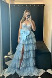 Sweetheart Light Blue Sequin Appliques Ruffle Long Formal HZ0307