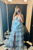 Sweetheart Light Blue Sequin Appliques Ruffle Long Formal HZ0307