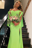 Off the Shoulder Lemon Green Ruched Mermaid Long Formal HZ0307
