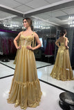 Bow Straps Gold Metallic A-line Long Formal HZ0307