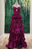 Straps Pink Metallic Pleated A-line Ruffle Long Formal HZ0307