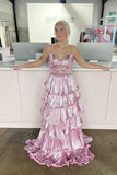 Straps Pink Metallic Pleated A-line Ruffle Long Formal HZ0307