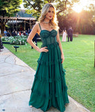 LTP0895,Green Ruffles Prom Dresses Spaghetti Straps Corset for Party,Chiffon Sheath Sweetheart Long Evening Prom HZ0307