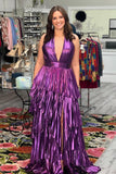 Halter Purple Metallic Pleated Ruffle Long Formal HZ0307