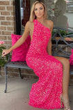 LTP1321,Neon Pink Sequins One-Shoulder Backless Long Formal HZ0307