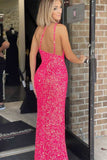 LTP1321,Neon Pink Sequins One-Shoulder Backless Long Formal HZ0307