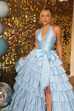 Halter Light Blue Satin Ruffle Long Formal HZ0307