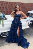 Sweetheart Navy Blue Appliques A-line Ruffle Long Prom HZ0307