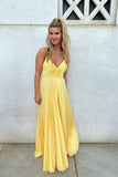 V Neck Yellow Pleated A-line Long Party HZ0307