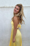V Neck Yellow Pleated A-line Long Party HZ0307