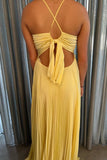V Neck Yellow Pleated A-line Long Party HZ0307