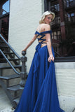 Off the Shoulder Navy Blue Chiffon A-line Long Formal HZ0307