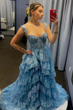 Light Blue Sequin Appliques Tiered Ruffles Prom HZ0307