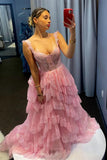 Light Blue Sequin Appliques Tiered Ruffles Prom HZ0307