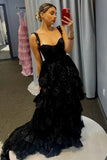 Light Blue Sequin Appliques Tiered Ruffles Prom HZ0307
