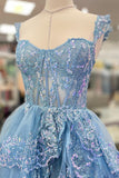 Light Blue Sequin Appliques Tiered Ruffles Prom HZ0307