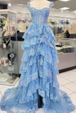 Light Blue Sequin Appliques Tiered Ruffles Prom HZ0307