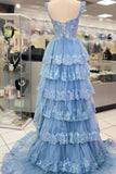 Light Blue Sequin Appliques Tiered Ruffles Prom HZ0307